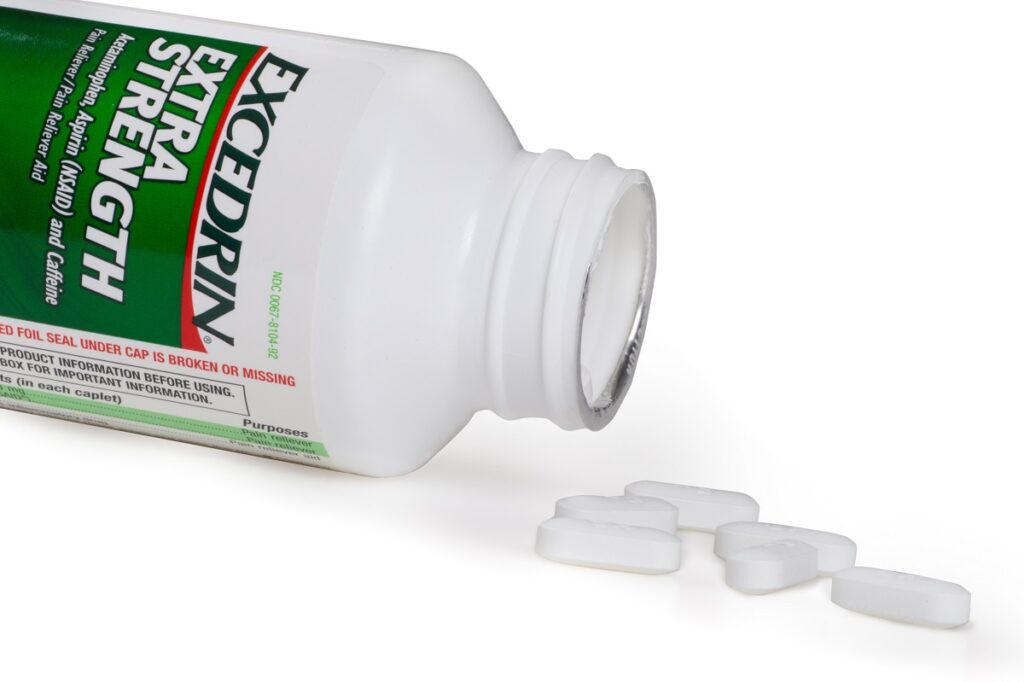 Excedrin Extra Strength and Excedrin Migraine each contain tablet with acetaminophen, aspirin, and caffeine - enough to help relieve minor pains. Adults and children over the age of 12 can take 2 at a time, with a maximum 8 in 24 hours for extra strength or 6 in 24 hours for migraine.