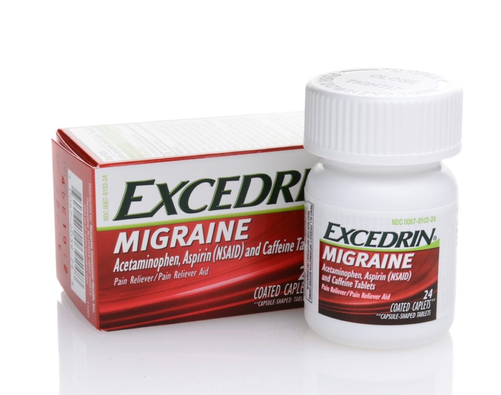 Excedrin Migraine is a painkiller made by GSK. Excedrin contains caffeine, aspirin, and acetaminophen to reduce the frequency of headaches that are associated with migraines. It belongs in the drug class analgesic combinations.